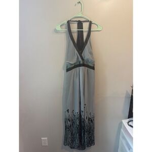 Cato‎ Blue Gray Floral Grass Print Halter Maxi Dress Size 14 Chiffon Evening